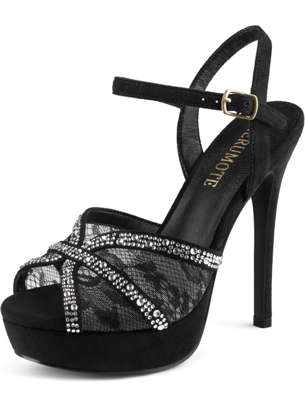 Women's Black Faux Leather Peep Toe Stilettos Sparkly Rhinestone Lace Heels